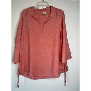 Sigrid Olsen Linen Pullover Blouse Tunic Top Women's Large V-Neck Salmon Pink